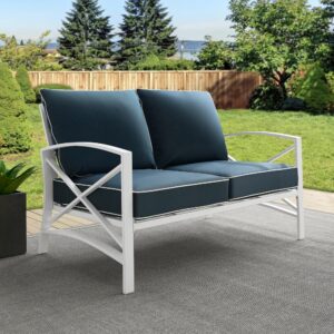 this two-seat outdoor sofa offers deep cushioned seats covered with solution-dyed polyester. Featuring a sleek frame with an eye-catching x-back design