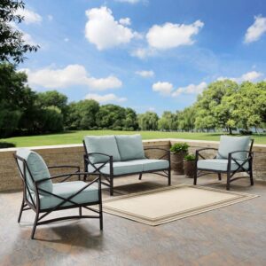this set features sturdy steel construction with a transitional x-back design. Both the loveseat and chairs have comfortable seat and back cushions covered with solution-dyed polyester in a variety of colors. Sit down for a conversation with friends and enjoy the classic beauty of the Kaplan conversation set.