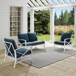 this set features sturdy steel construction with a transitional x-back design. Both the loveseat and chairs have comfortable seat and back cushions covered with solution-dyed polyester in a variety of colors. Sit down for a conversation with friends and enjoy the classic beauty of the Kaplan conversation set.