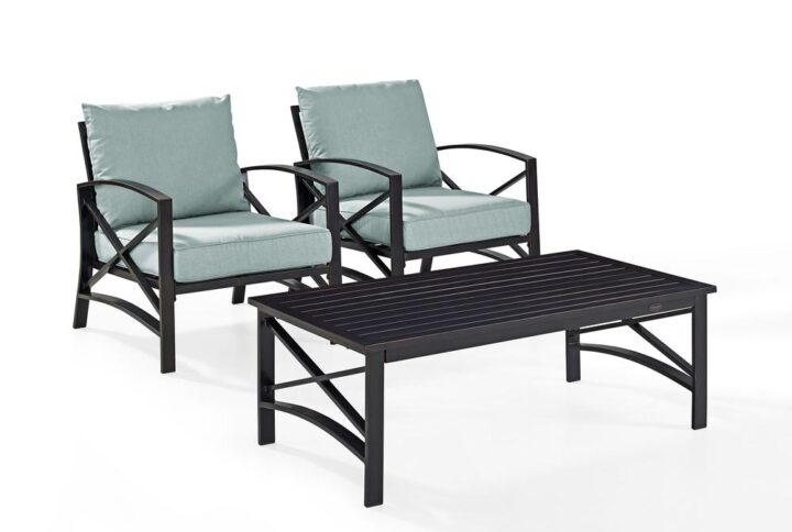 Settle in for a relaxing chat with the Kaplan 3Pc Outdoor Chair Set. Comprised of two armchairs and a coffee table