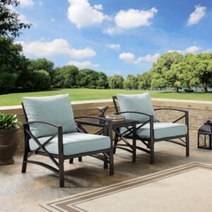this patio set features sturdy steel construction with a transitional x-back design. The armchairs' comfortable seat and back cushions are covered in solution-dyed polyester