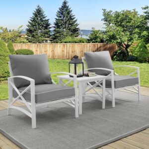 this patio set features sturdy steel construction with a transitional x-back design. The armchairs' comfortable seat and back cushions are covered in solution-dyed polyester