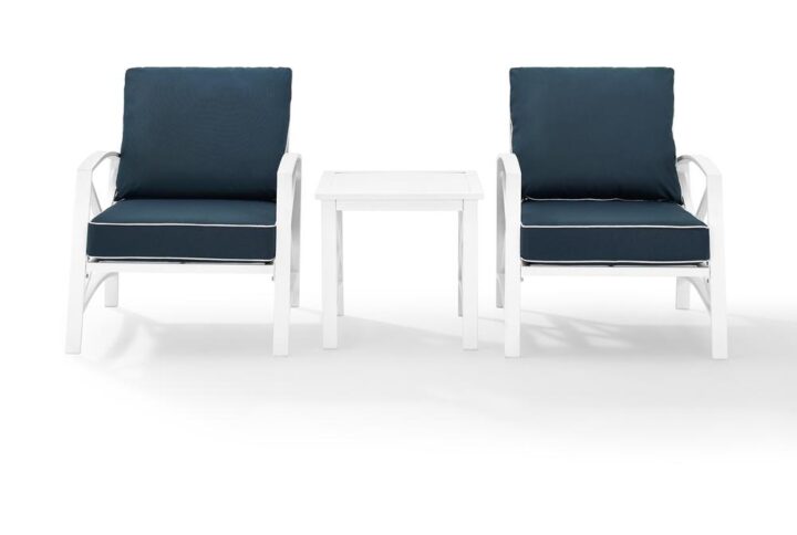 Settle in for a relaxing chat with the Kaplan 3pc Outdoor Chair Set. Comprised of two armchairs and an outdoor side table