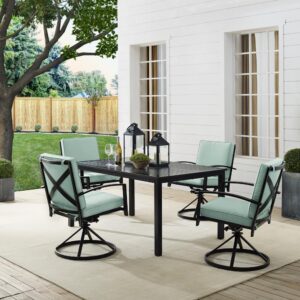 Gather around for a fun and fashionable outdoor meal with the Kaplan 5pc Outdoor Dining Set. Featuring a rectangle table with a slatted design that elevates the sturdy steel construction