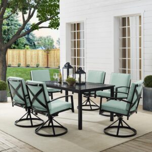 Gather around for a fun and fashionable outdoor meal with the Kaplan 7pc Outdoor Dining Set. Featuring a rectangle table with a slatted design that elevates the sturdy steel construction
