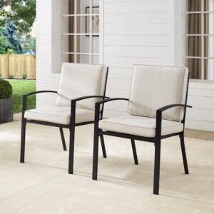 Dine outdoors in classic style with the Kaplan 2pc Dining Chair Set. The weather-resistant steel provides a sturdy framework for the cushioned seating