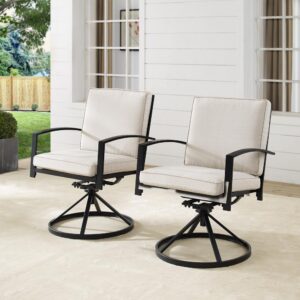 Outdoor dining is fashionable and fun with the Kaplan 2pc Swivel Dining Chair Set. The weather-resistant steel provides a sturdy framework for the 360-degree swivel base