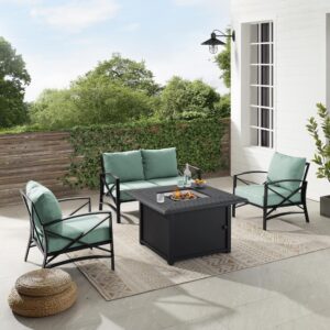 Gather for an evening around the fire with the Kaplan 4pc Outdoor Conversation Set. A loveseat and two arm chairs surround the propane-powered fire table