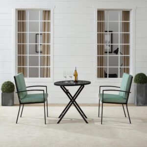 the Kaplan 3pc Bistro Set creates an intimate outdoor dining space. Two cushioned dining chairs feature weather-resistant cushion covers and pair beautifully with the powder-coated steel folding table. With a classic slatted top