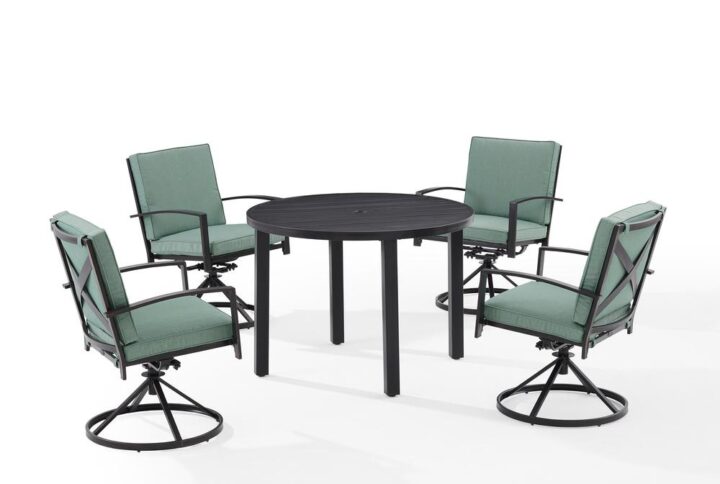 Gather around for a fun and fashionable outdoor meal with the Kaplan 5pc Round Dining Set. Constructed of sturdy steel