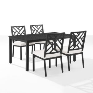 Take outdoor dining to the next level with the Locke 5pc Dining Set. Each patio chair is made from weather-resistant steel and features a classic Chippendale back with a removable seat cushion. The slatted outdoor dining table includes a hole to add a patio umbrella for dining in shaded comfort.