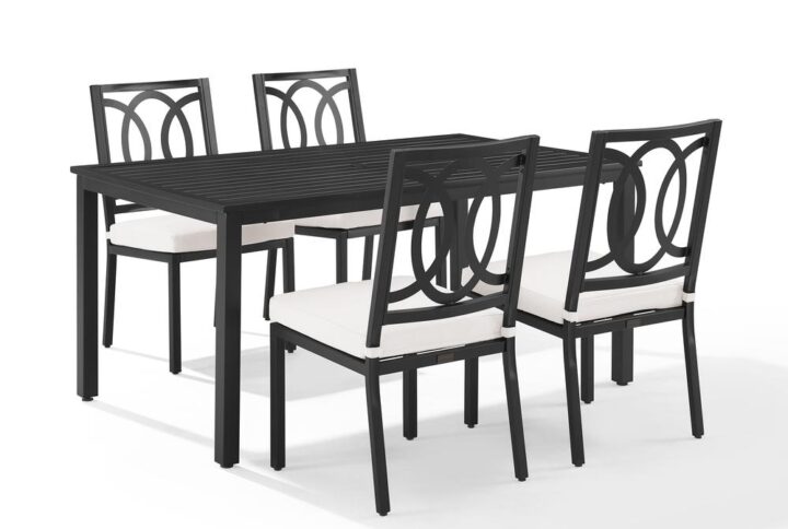 Dine in sophistication with the Chambers 5pc Dining Set. Each patio chair is made from weather-resistant steel and features an elegant back with an interlocking oval design