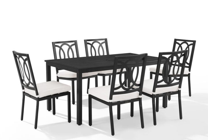 Dine in sophistication with the Chambers 7pc Dining Set. Each patio chair is made from weather-resistant steel and features an elegant back with an interlocking oval design