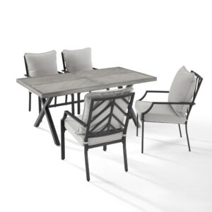 Enjoy a pleasant outdoor meal with the Otto 5pc Outdoor Dining Set. Cushioned stationary patio chairs surround the beautiful faux wood grain metal outdoor table