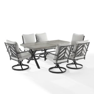 Enjoy a pleasant outdoor meal with the Otto 7pc Outdoor Dining Set. Cushioned swivel patio chairs surround the beautiful faux wood grain metal outdoor table