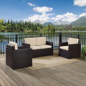 this seating set provides lasting comfort. Both the loveseat and chairs feature moisture-resistant cushions and deep seating perfect for relaxing in the summer sun. Whether your lounging solo or chatting with a friend