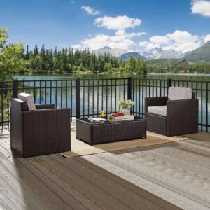 both the patio chairs and coffee table provide lasting style. With comfortable moisture-resistant cushions on the chairs and a tempered glass top on the outdoor table