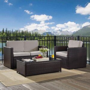 the Palm Harbor 3pc Conversation Set provides lasting comfort and style. Both the loveseat and chair feature moisture-resistant cushions and deep seating perfect for relaxing in the summer sun. The glass-top coffee table offers ample table space for outdoor entertaining