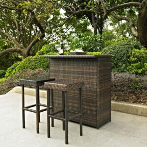 this outdoor bar and stool set is both durable and stylish. The bar offers clean lines and plenty of storage for barware