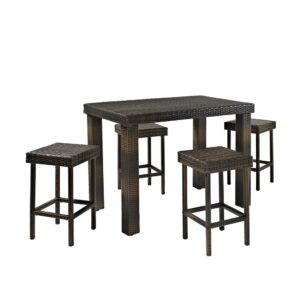 Make outdoor dining feel like a vacation retreat with the all-weather wicker Palm Harbor 5pc Counter Height Dining Set. With intricately woven wicker over durable steel frames