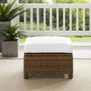 the Bradenton Ottoman has all-weather resin wicker handwoven over a durable steel frame. Enjoy the look of bright white outdoor cushions worry-free. This ottoman features thick cushions with high-quality Sunbrella fabric that resists staining