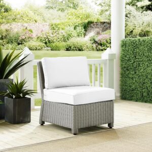 Outdoor lounging has never been more versatile than with the Bradenton Sectional Center Chair. The sturdy steel frame is wrapped in beautiful all-weather wicker with a modular design for flexibility. Enjoy the look of bright white outdoor cushions worry-free. Featuring thick cushions covered in high-quality Sunbrella fabric