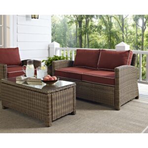 the Bradenton Loveseat fits the bill. The sturdy steel frame is wrapped in beautiful all-weather wicker and topped with moisture-resistant cushions. With gently arched arms and deep seating