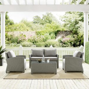the Bradenton 4pc Conversation Set fits the bill.  Each piece of the set features sturdy steel frames wrapped in beautiful all-weather wicker. The loveseat and armchairs are stylish and comfortable with gently arched arms and thick moisture-resistant cushions. A glass top coffee table ties the seating arrangement together