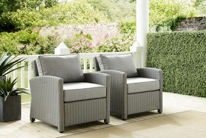 Outdoor relaxation has never looked better than with the Bradenton 2pc Outdoor Chair Set. The sturdy steel frames are wrapped in beautiful all-weather wicker and topped with moisture-resistant cushions. With gently arched arms and deep seating