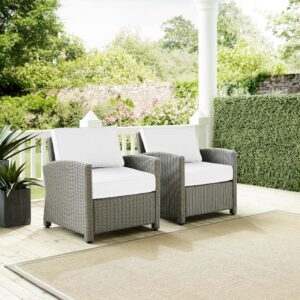 these patio chairs have sturdy steel frames wrapped in all-weather wicker. Enjoy the look of bright white outdoor cushions worry-free. Featuring thick cushions covered in high-quality Sunbrella fabric