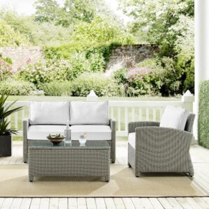 the Bradenton 3pc Conversation Set fits the bill. Each piece of the set features sturdy steel frames wrapped in beautiful all-weather wicker. Enjoy the look of bright white outdoor cushions worry-free. The loveseat and armchair cushions are covered in high-quality Sunbrella fabric