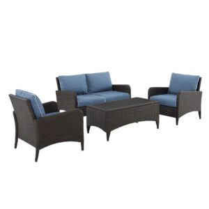 Transform your outdoor area into an ideal spot for entertaining with the Kiawah 4pc Conversation Set. You and your guests will enjoy the stylish design of the loveseat and chairs with their plush piped cushions and deep seats. Featuring all-weather wicker elegantly woven over durable powder-coated steel
