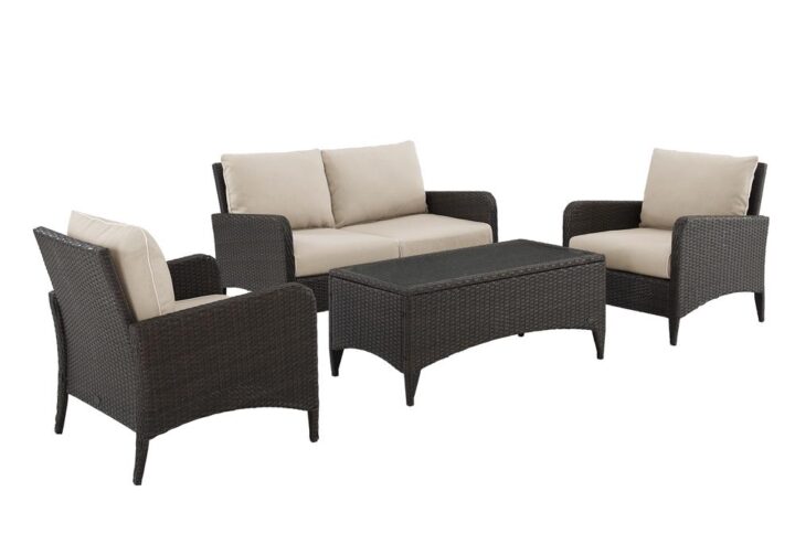 Transform your outdoor area into an ideal spot for entertaining with the Kiawah 4pc Conversation Set. You and your guests will enjoy the stylish design of the loveseat and chairs with their plush piped cushions and deep seats. Featuring all-weather wicker elegantly woven over durable powder-coated steel