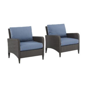 Add comfortable and stylish seating to your outdoor retreat with the Kiawah 2pc Outdoor Chair Set. Elegant all-weather wicker woven over powder-coated steel pairs beautifully with plush piped cushions