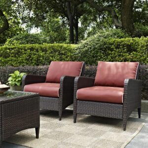 Add comfortable and stylish seating to your outdoor retreat with the Kiawah 2pc Outdoor Chair Set. Elegant all-weather wicker woven over powder-coated steel pairs beautifully with plush piped cushions
