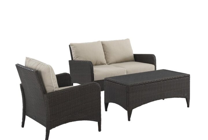 Be ready to entertain in comfort with the Kiawah 3pc Conversation Set. You and your guests will enjoy the stylish design of the loveseat and chair with their plush piped cushions and deep seats. Featuring all-weather wicker elegantly woven over durable powder-coated steel frames