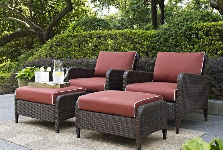 Relax and unwind with the Kiawah 4pc Outdoor Chair Set. You and a friend will enjoy the deep seating and plush piped cushions of the chairs