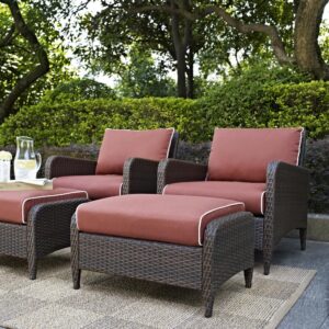 as well as the equally lush cushioned ottomans. Featuring durable powder-coated steel frames covered in beautiful all-weather wicker
