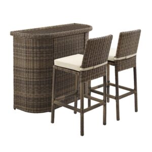 this outdoor bar and stool set is ready to play host anytime. The tempered glass top and ample shelf space of the bar create the perfect storage and serving space. The cushioned barstools offer a comfortable perch for casual dining or enjoying a drink with a friend. Add the Bradenton bar set to your patio or deck for stylish entertaining.