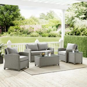 Gather with friends for an evening under the stars with the Bradenton 5pc Conversation Set.  Each piece of the set features sturdy steel frames wrapped in beautiful all-weather wicker. The loveseat and armchairs are stylish and comfortable with gently arched arms and thick moisture-resistant cushions. A glass top coffee table and side table tie the whole seating arrangement together