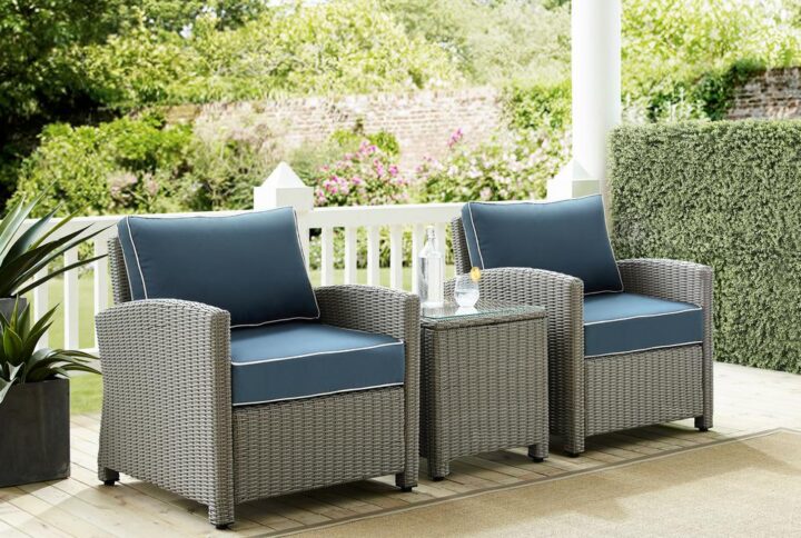 Outdoor relaxation has never looked better than with the Bradenton 3pc Outdoor Chair Set. The sturdy steel frames of this patio set are wrapped in beautiful all-weather wicker and topped with moisture-resistant cushions. With gently arched arms and deep seating