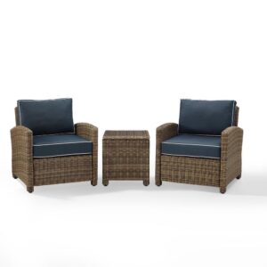 Outdoor relaxation has never looked better than with the Bradenton 3pc Outdoor Chair Set. The sturdy steel frames of this patio set are wrapped in beautiful all-weather wicker and topped with moisture-resistant cushions. With gently arched arms and deep seating