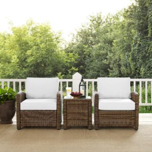 the patio chairs (set of 2) and small side table have sturdy steel frames wrapped in all-weather wicker. Enjoy the look of bright white outdoor cushions worry-free. Featuring thick cushions covered in high-quality Sunbrella fabric