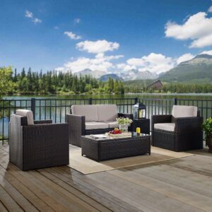the Palm Harbor 5pc Conversation Set provides lasting comfort and style. Both the loveseat and chairs feature moisture-resistant cushions and deep seating perfect for relaxing in the summer sun. The glass-top coffee table and all-wicker side table offer ample table space for outdoor entertaining