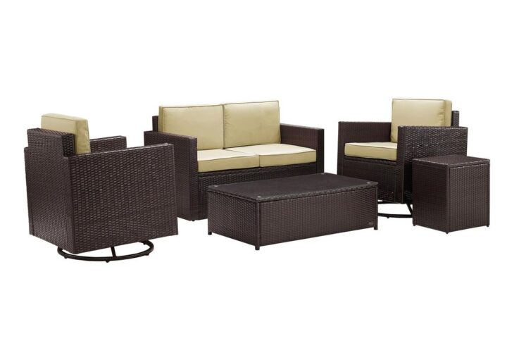 Lounge in style with the Palm Harbor 5pc Conversation Set. Crafted with all-weather resin wicker over durable steel frames