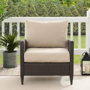 ideal for outdoor lounging. All-weather resin wicker is elegantly woven over durable powder-coated steel and paired with weather-resistant cushions for comfort and durability. On its own or paired with other outdoor seating