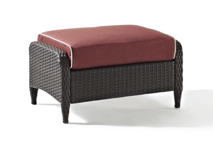 You'll be ready to prop your feet up and relax with the Kiawah Ottoman. The plush piped cushion and stylish design make this ottoman an ideal partner to a variety of outdoor seating. The Kiawah Ottoman features a durable powder-coated steel frame wrapped in all-weather wicker