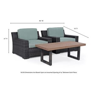 Create an instant oasis with the generous seating of the Beaufort 3pc Outdoor Chair Set. Each chair has beautifully woven flat resin wicker over powder-coated steel frames and thick moisture-resistant cushions. The armchairs' low-profile and understated curves complement the modern look of the coffee table. Featuring all-weather polywood planks on top and matching wicker wrapped legs
