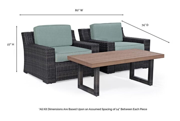 Create an instant oasis with the generous seating of the Beaufort 3pc Outdoor Chair Set. Each chair has beautifully woven flat resin wicker over powder-coated steel frames and thick moisture-resistant cushions. The armchairs' low-profile and understated curves complement the modern look of the coffee table. Featuring all-weather polywood planks on top and matching wicker wrapped legs