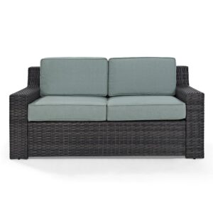 The generous seating of the Beaufort Loveseat creates an instant oasis on your patio or deck. This two-seat outdoor sofa has beautifully woven flat resin wicker over a powder-coated steel frame and thick moisture-resistant cushions. With a low-profile and understated curves